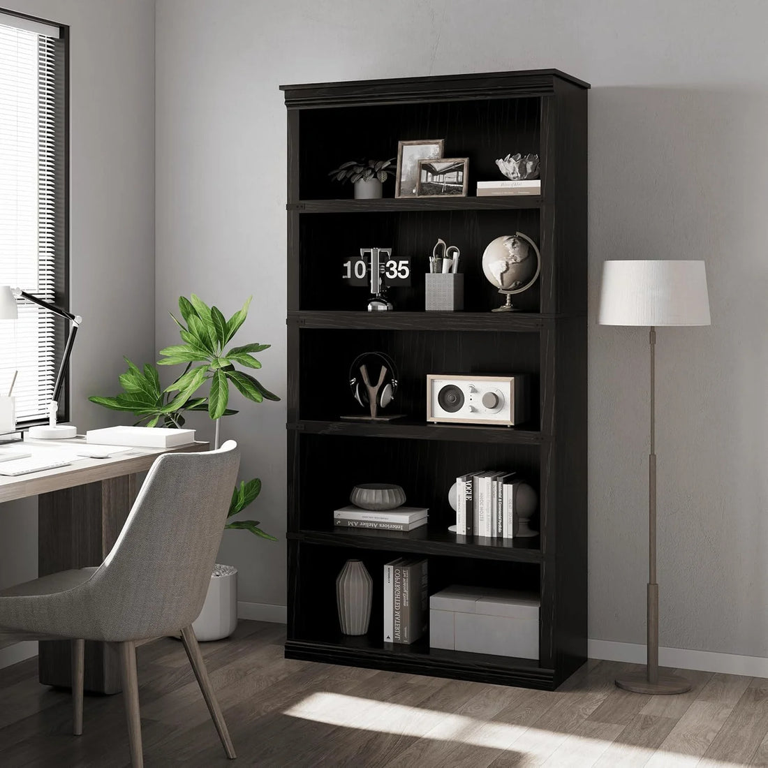Garvee Bücherregal 171 cm, 5-stöckiges Standregal im Landhausstil, offenes Holzregal mit 5 Ablagen und Stauraum, für Homeoffice, Wohnzimmer & Schlafzimmer, Schwarz