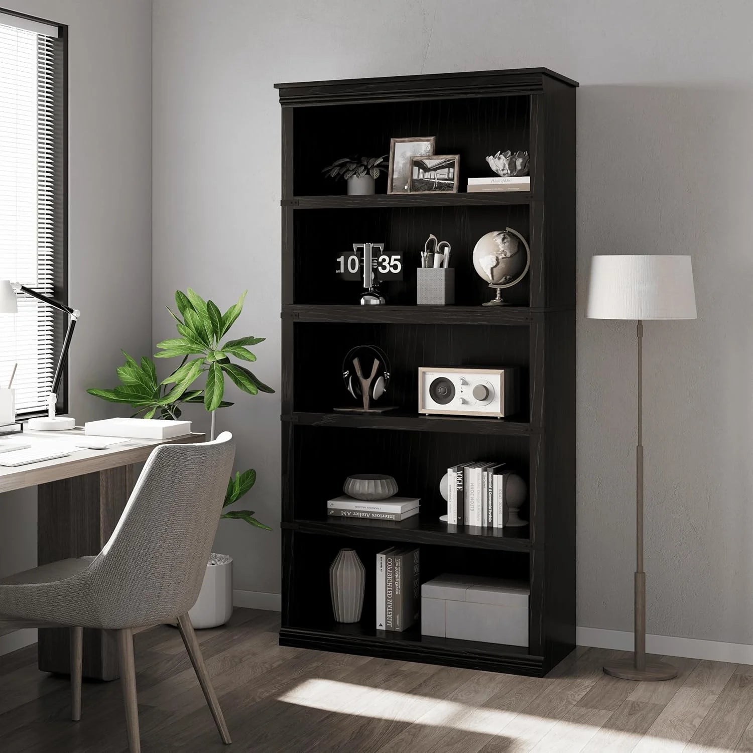 Garvee Bücherregal 171 cm, 5-stöckiges Standregal im Landhausstil, offenes Holzregal mit 5 Ablagen und Stauraum, für Homeoffice, Wohnzimmer & Schlafzimmer, Schwarz