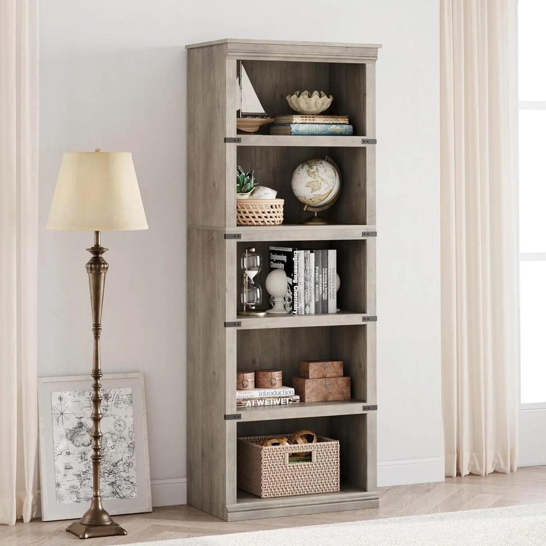 Garvee 5-stöckiges Bücherregal 62 x 32 x 171 cm, stabiles Standregal aus MDF im Kolonialstil, graues Holzregal mit Stauraum für Wohnzimmer, Büro & Arbeitszimmer, Grau