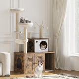 Garvee Katzenmöbel Litter Box Enclosure Mit Kratzbaum & Hängematte Für Wohnzimmer Mehrstöckig Rustikales Braun - Rustikales Braun