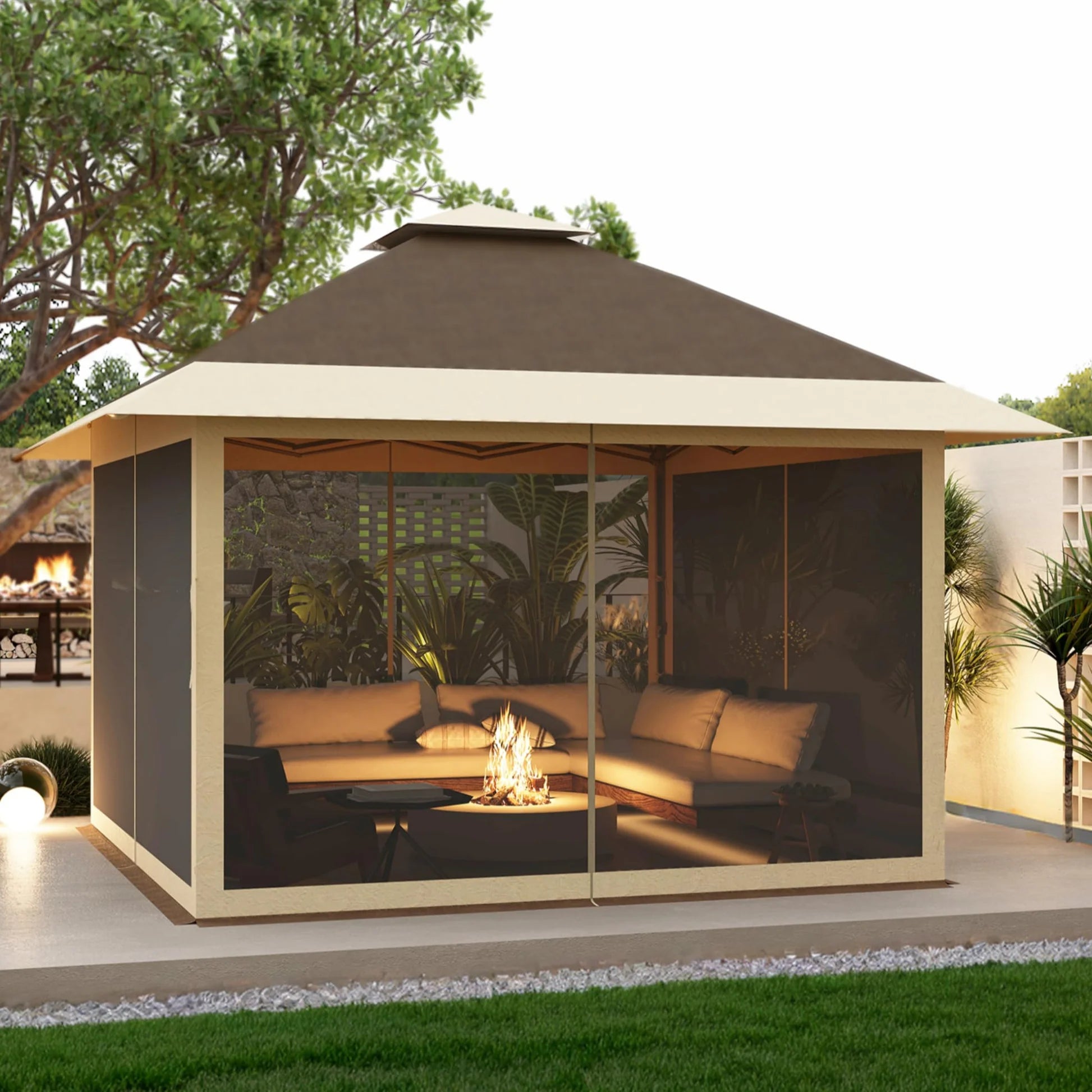 GARVEE Pop-Up Pavillon 3,65 x 3,65 m mit Moskitonetz, UV-Schutz, 3-fach Höhenverstellbar, Stahlrahmen, 6 Seitenwände & Sandtaschen, Für Garten & Camping, Khaki