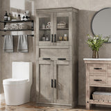 Garvee 67" Hoher Badezimmerschrank Mit Glastüren, Verstellbare Regale, Schublade, MDF, Freistehend, Modernes Design, Grau, Für Bad & Wohnzimmer - Grau