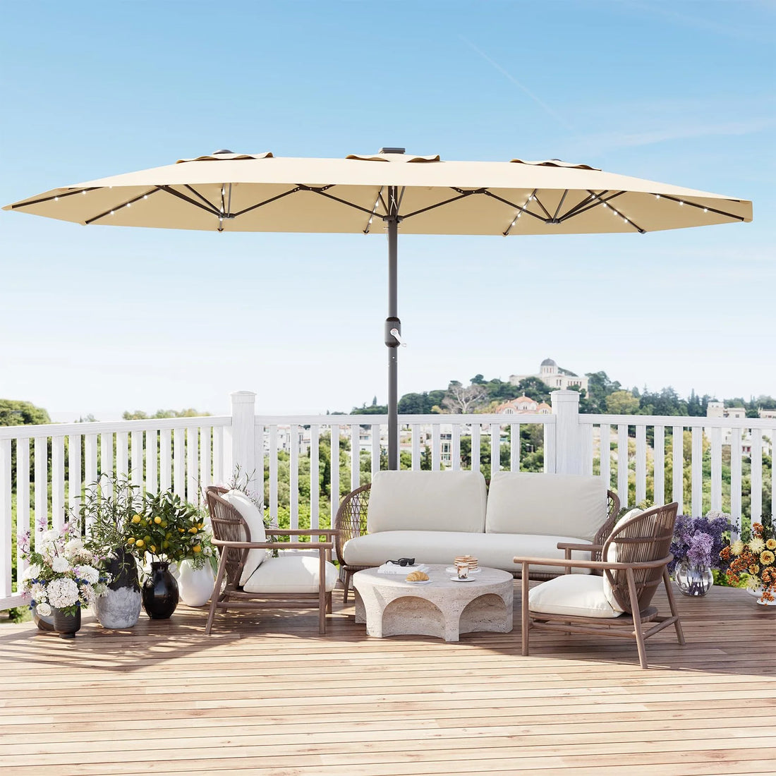 Garvee Sonnenschirm 270×450 cm, Mit Solar Licht, Stabiler Fuß, Für Garten & Pool, Khaki