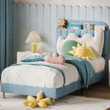 Garvee Twin Bettgestell Mit Bücherregal, Samt, Robustes Stahlgestell, Geräuschfrei, Blau Für Kinderzimmer - blau