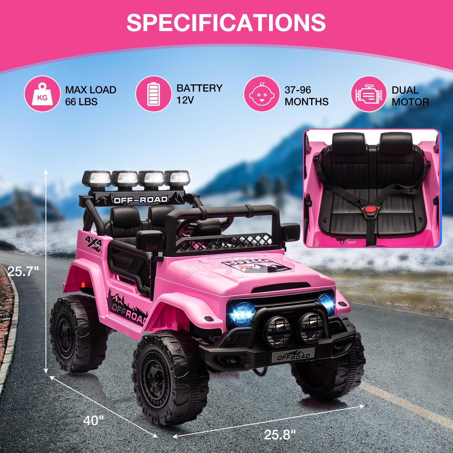 GARVEE 2-Sitzer Kinder-Elektroauto Rosa Maße und technische Daten