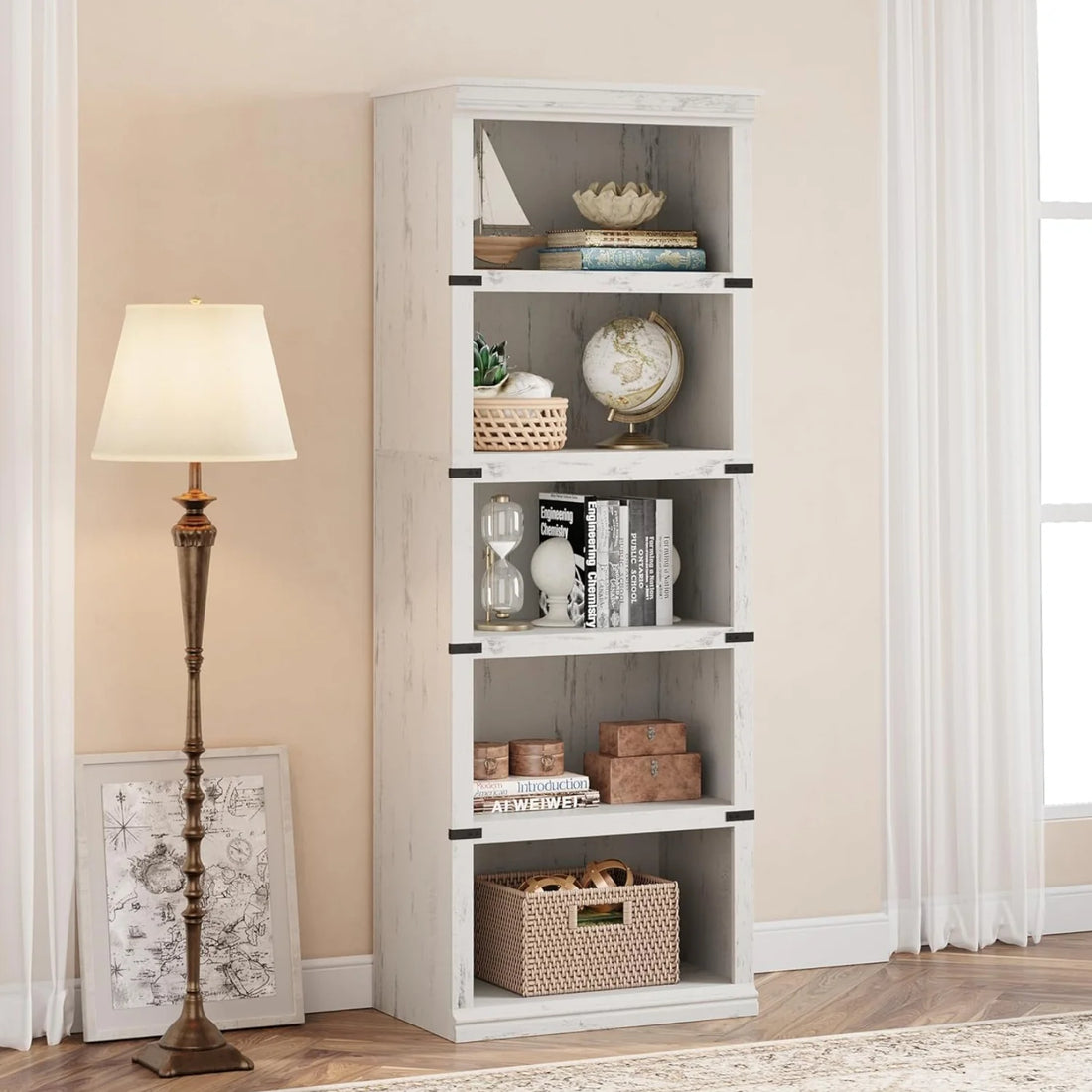 Garvee 5-stöckiges Bücherregal 62 x 32 x 171 cm, stabiles Standregal aus MDF im Kolonialstil, graues Holzregal mit Stauraum für Wohnzimmer, Büro & Arbeitszimmer, Weiß