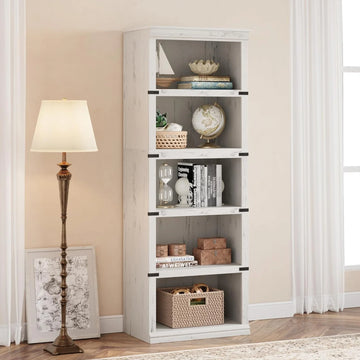 Garvee 5-stöckiges Bücherregal 62 x 32 x 171 cm, stabiles Standregal aus MDF im Kolonialstil, graues Holzregal mit Stauraum für Wohnzimmer, Büro & Arbeitszimmer, Weiß
