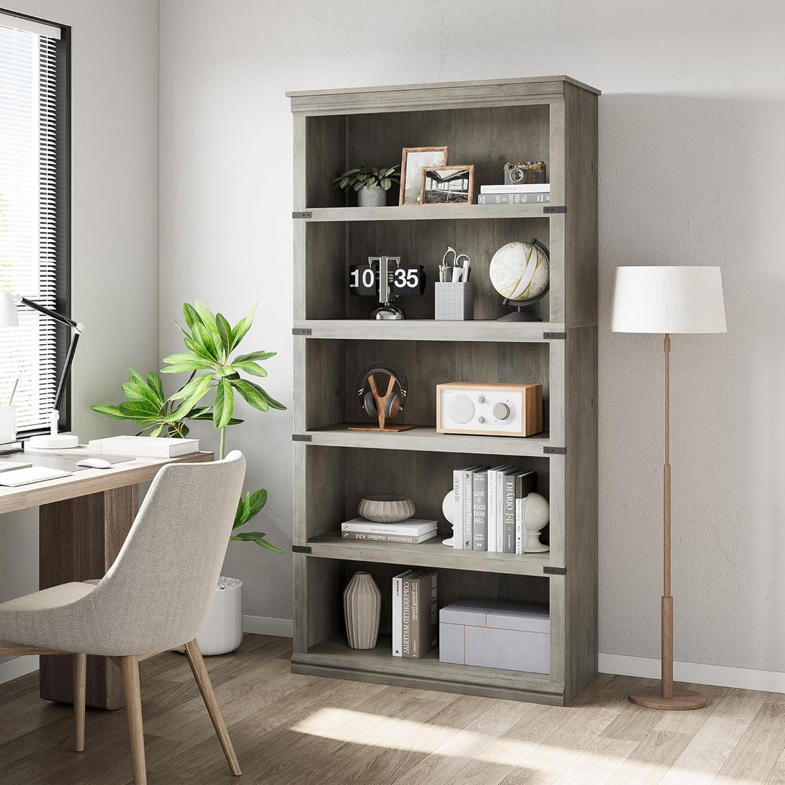 Garvee Bücherregal 171 cm, 5-stöckiges Standregal im Landhausstil, offenes Holzregal mit 5 Ablagen und Stauraum, für Homeoffice, Wohnzimmer & Schlafzimmer, Grau