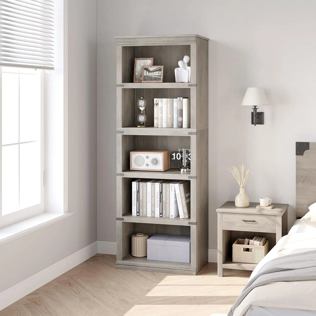 Garvee 5-stöckiges Bücherregal 62 x 32 x 171 cm, stabiles Standregal aus MDF im Kolonialstil, graues Holzregal mit Stauraum für Wohnzimmer, Büro & Arbeitszimmer, Grau