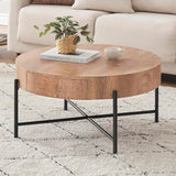 Garvee Runder Holz-Couchtisch Mit 2 Schubladen, Metallbeine, Rustikal Für Wohnzimmer, Farmhouse Stil, Mittelgroß, Braun