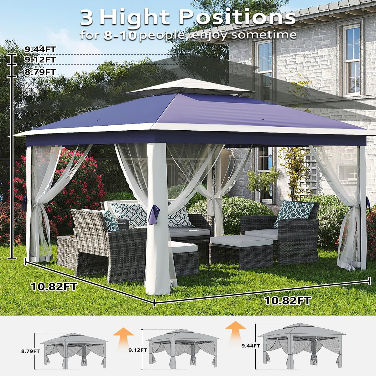 Garvee Pop Up Pavillon 335×335 cm, Mit Moskitonetz, Wasserdicht, UV-Schutz, Höhenverstellbar, Marineblau
