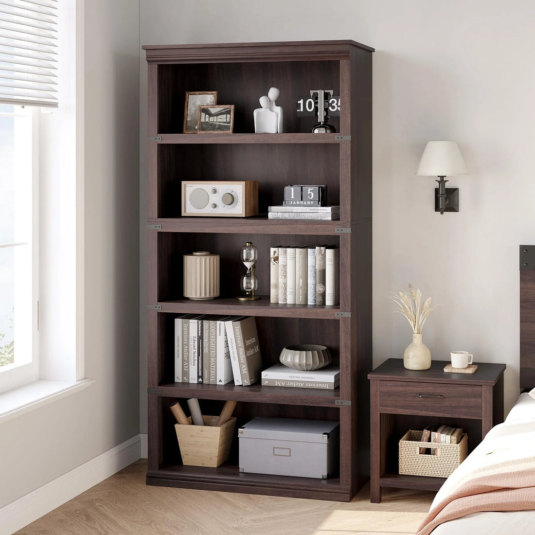 Garvee Bücherregal 171 cm, 5-stöckiges Standregal im Landhausstil, offenes Holzregal mit 5 Ablagen und Stauraum, für Homeoffice, Wohnzimmer & Schlafzimmer, Kirschbaum