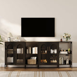 Garvee Glasvitrinen-Sideboard Mit Metallgriffen, Verstellbare Regale, Massivholzrahmen, Schwarze Texturglas-Türen Für Wohnzimmer Und Esszimmer, 43.5"D X 18.11"W X 7.01"H - Schwarzes Eisen + Schwarzes Holzbrett