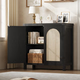 Garvee Sideboard, Rattanfronten, verstellbare Regale, 80 cm, für Wohnzimmer und Esszimmer, Schwarz - Schwarz