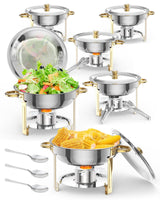 Garvee 6er-Set Buffet-Aufwärmschalen 5L Edelstahl Warmhalteplatten Mit Deckelhalter Für Partys Hochzeiten Events Gold
