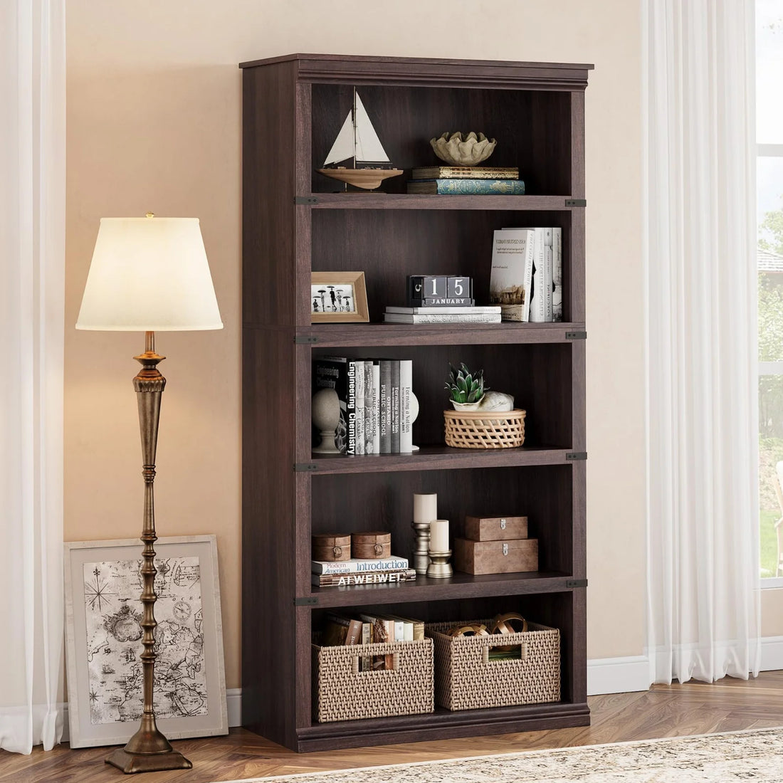 Garvee Bücherregal 171 cm, 5-stöckiges Standregal im Landhausstil, offenes Holzregal mit 5 Ablagen und Stauraum, für Homeoffice, Wohnzimmer & Schlafzimmer, Kirschbaum