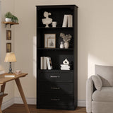 Garvee Bücherregal Schwarz 60 x 35 x 177 cm, Standregal mit 3 Schubladen und 3 offenen Fächern, schmales Aufbewahrungsregal für Wohnzimmer und Büro - Schwarz