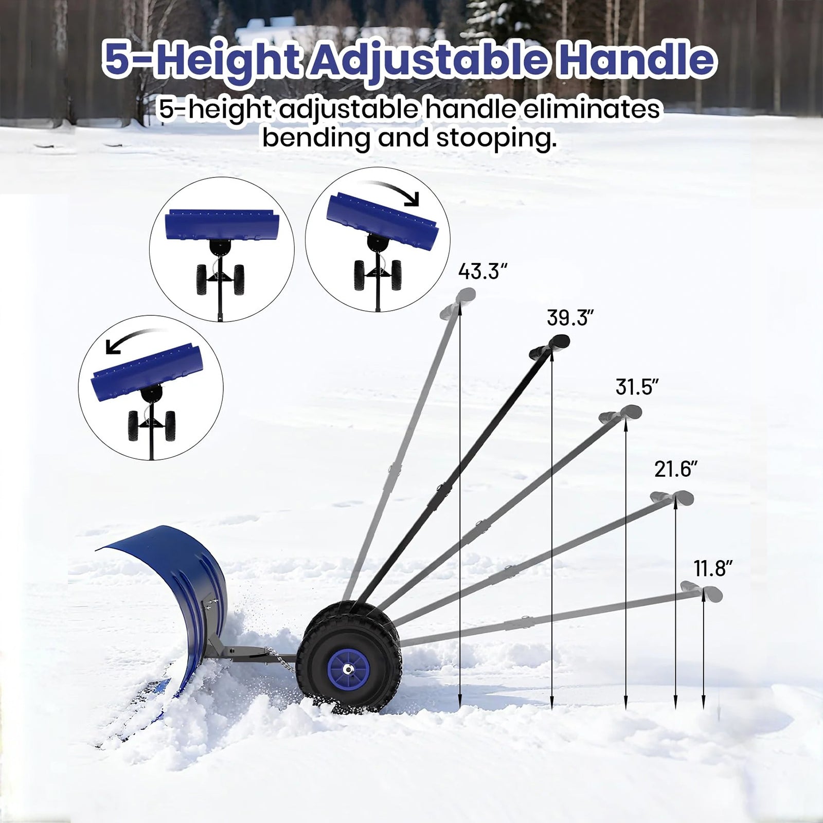 Garvee Schneeschieber mit Rädern – 75x40 cm Stahl-Klinge, 5-fach höhen- & neigungsverstellbar, klappbar & rückenschonend für Einfahrt und Gehweg (Blau)