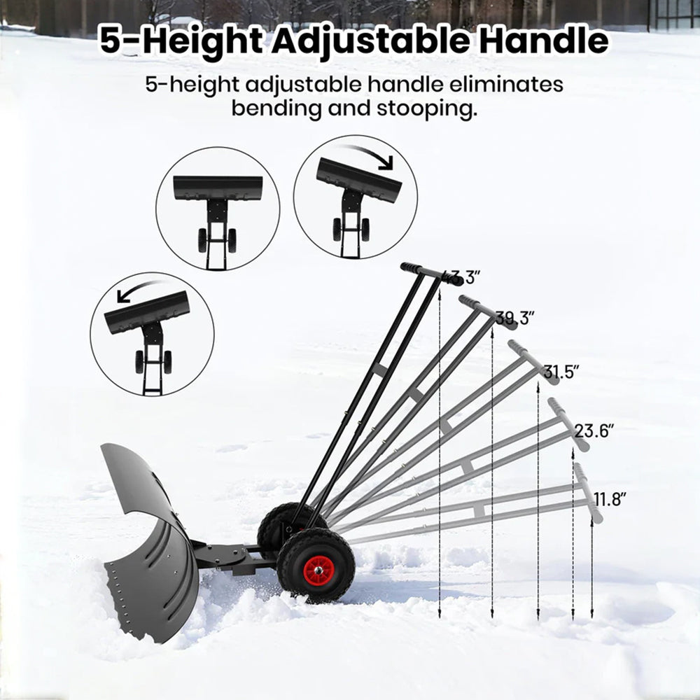 Garvee Schneeschieber mit Rädern 75×40 cm – Doppelstange, Stahlklinge, Verstellbarer Griff, Gummiräder