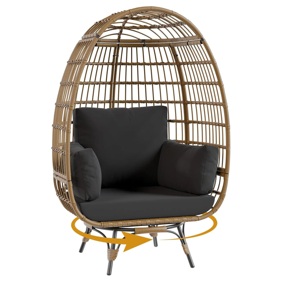 Garvee Rattan Ei Stuhl 360° Drehbar, Mit Kissen, Stahlrahmen, Für Innen & Außen, Braun+Schwarz