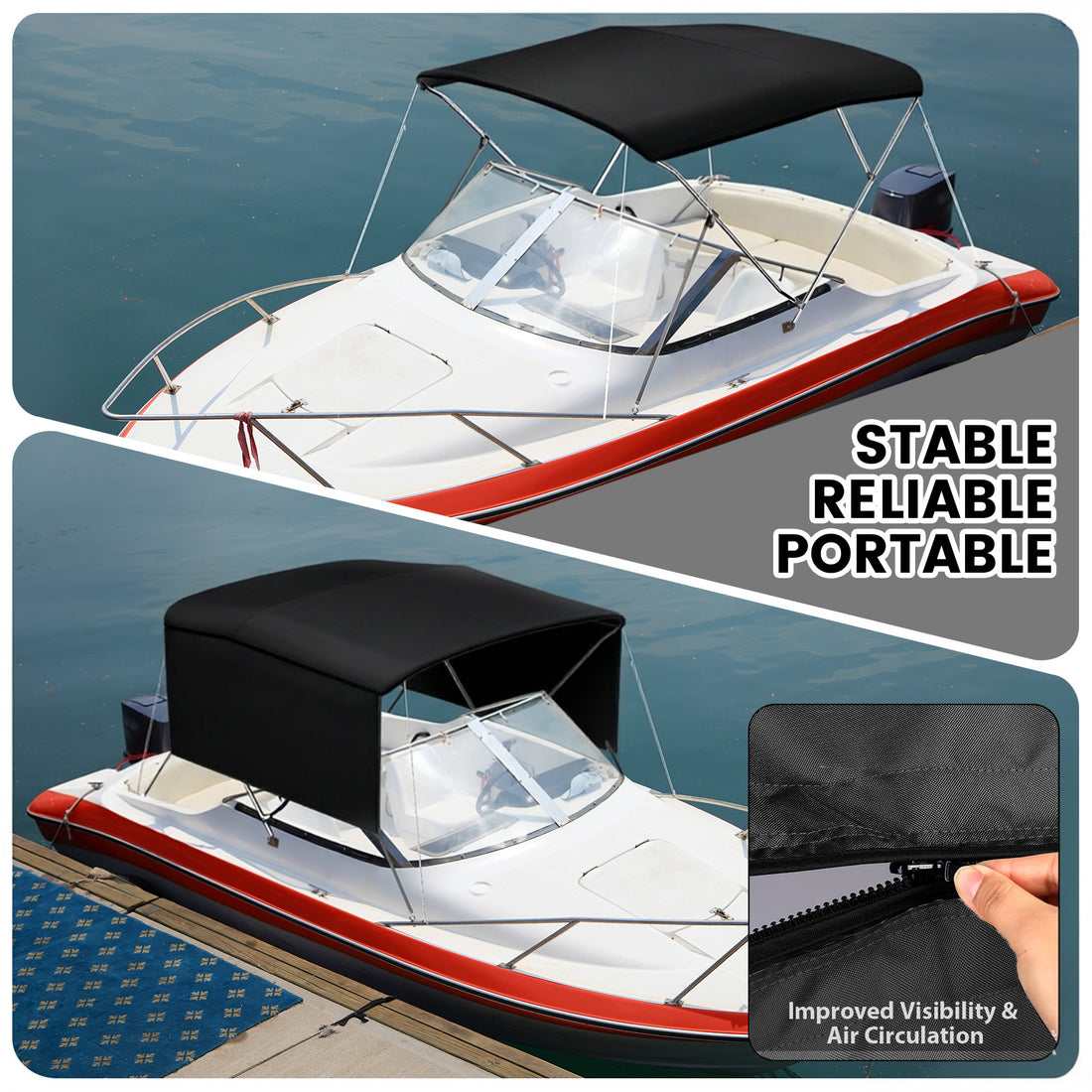 Garvee 3-Bogen-Bimini-Top-Bootsabdeckung, Abnehmbare Seiten, Verstellbar, Marine Canvas, UV-Schutz, Verstellbar 170–183 cm, Schwarz