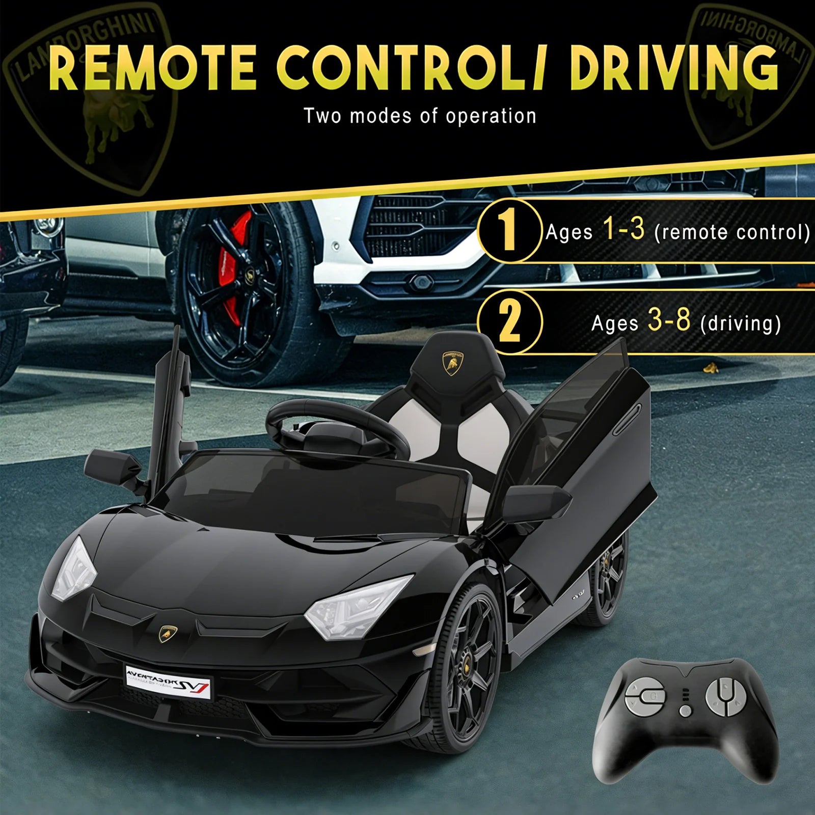GARVEE 12V Lamborghini Kinderauto Elektrofahrzeug, Mit Eltern-Fernbedienung, LED-Beleuchtung, Soundsystem und Federung, Kinder Elektroauto für Jungen und Mädchen von 3–8 Jahren, Schwarz