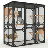 Garvee Katzengehege Outdoor 173 × 92 × 177 cm, begehbares Catio aus Fichtenholz mit Fensterzugang, wetterfestem Dach, 4 Plattformen, Kratzbaum & Hängematte, Schwarz - Schwarz