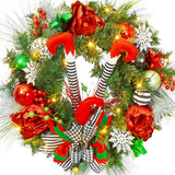 Garvee 24 Zoll Weihnachtskranz Mit 20 LED Lichtern, Batteriebetrieben, Für Haustür Und Festtagsdeko, Elfbeine, Weihnachtskugeln, Schleifen - Rot & Grün