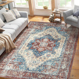 Garvee Vintage Teppich 160 x 230 cm, Orientalisches Design, Rutschfest, Waschbar, Für Wohnzimmer & Esszimmer - Ziegelrot