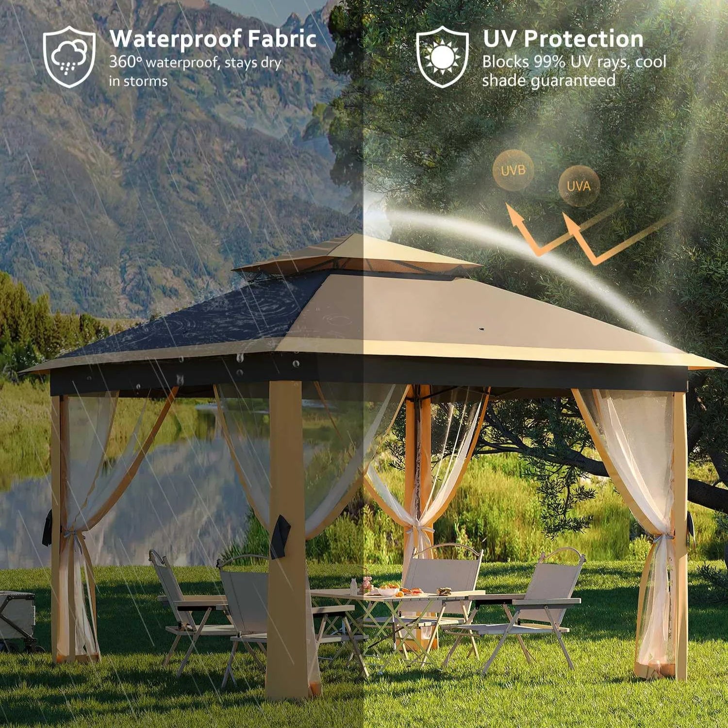 Garvee Pop Up Pavillon 335×335 cm, Mit Moskitonetz, Wasserdicht, UV-Schutz, Höhenverstellbar