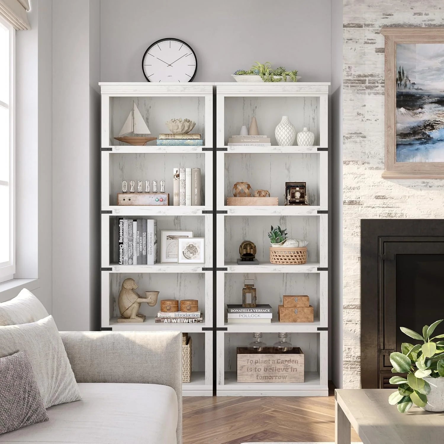 Garvee 5-stöckiges Bücherregal 62 x 32 x 171 cm, stabiles Standregal aus MDF im Kolonialstil, graues Holzregal mit Stauraum für Wohnzimmer, Büro & Arbeitszimmer, Weiß