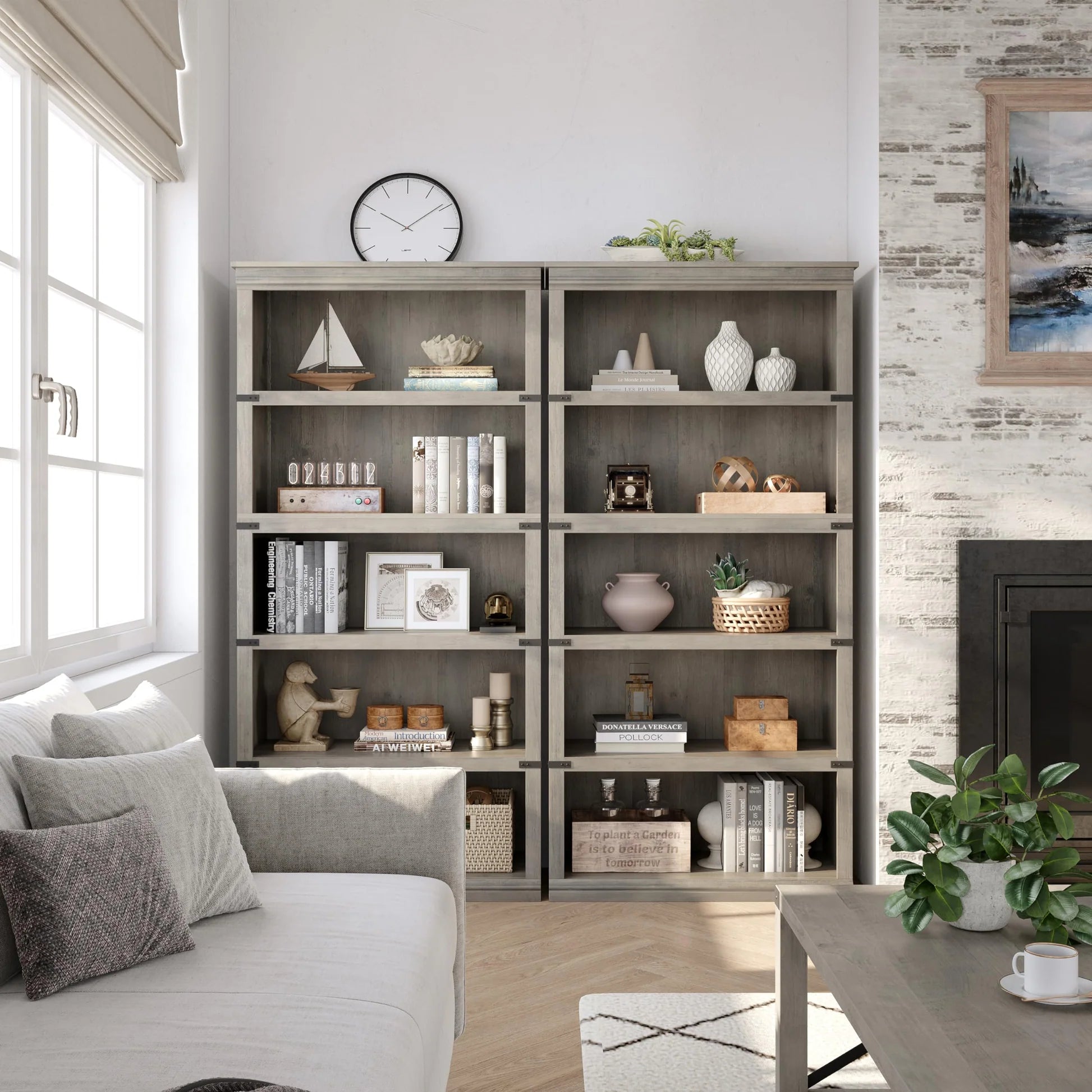 Garvee Bücherregal 171 cm, 5-stöckiges Standregal im Landhausstil, offenes Holzregal mit 5 Ablagen und Stauraum, für Homeoffice, Wohnzimmer & Schlafzimmer, Grau