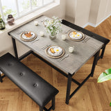 Garvee Esstisch Set Für 4 Mit 2 Gepolsterten Bänken, Rechteckiger Küchentisch, Robust MDF & Stahl, Platzsparend, Wasserfest, Retro Grau, Kleine Räume - Grau
