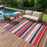 GARVEE Outdoor-Teppich 244 x 305 cm, Wendbarer Balkonteppich aus Kunststoffstroh, Geometrisches Streifenmuster für Terrasse, Balkon & Strand, Wetterfest, Mehrfarbig - Rot-Blau gestreift