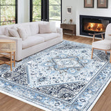 Garvee Teppich 160 x 230 cm Vintage-Teppich für Den Innenbereich Mehrfach Faltbarer Chenille-Teppich Leichtgewichtiger Akzentteppich in Blau