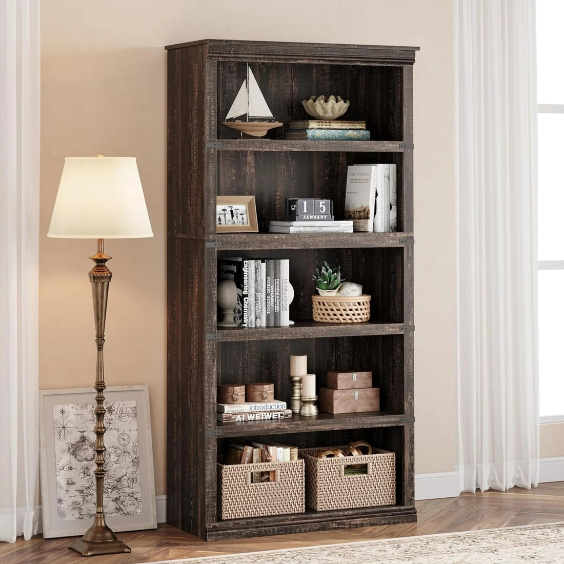 Garvee Bücherregal 171 cm, 5-stöckiges Standregal im Landhausstil, offenes Holzregal mit 5 Ablagen und Stauraum, für Homeoffice, Wohnzimmer & Schlafzimmer, Eiche Dunkel
