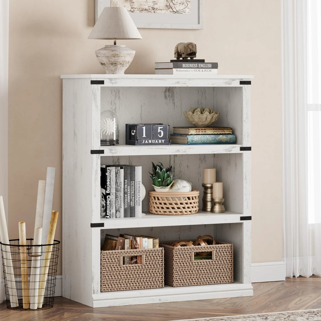 Garvee Bücherregal 4 Ebenen 80 x 32 x 102 cm, breites Standregal aus Holz mit 3 Regalbereichen, stabiles Aufbewahrungsregal im Industrie-Look, Weiß