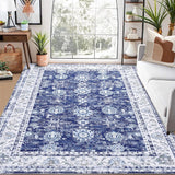 Garvee Maschinenwaschbarer Teppich 140 x 200 cm Vintage Design Mit Rutschfesten TPR-Unterseite Für Wohnzimmer Schlafzimmer Blau