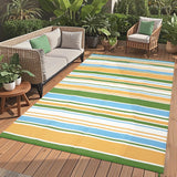 GARVEE Outdoor-Teppich 274 x 366 cm, Wendbarer Balkonteppich aus Kunststoffstroh, Geometrisches Streifenmuster für Terrasse, Balkon & Strand, Wetterfest, Mehrfarbig - Grün-Blau-Gelb gestreift