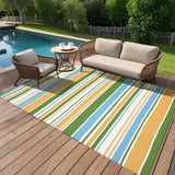 Garvee Outdoor Teppich Geometrisch Reversible UV-beständig Kunststoffstroh Rutschfest Tragbar Für Camping Strand Garten 9x18 - Grün-Blau-Gelb gestreift