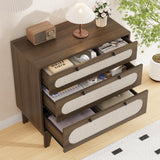 Garvee Kommode Mit 3 Schubladen Dunkelbraun, Rattan-Optik Beistellschrank Für Schlafzimmer & Wohnzimmer, 80x40x79,5cm, Retro Boho Design - 