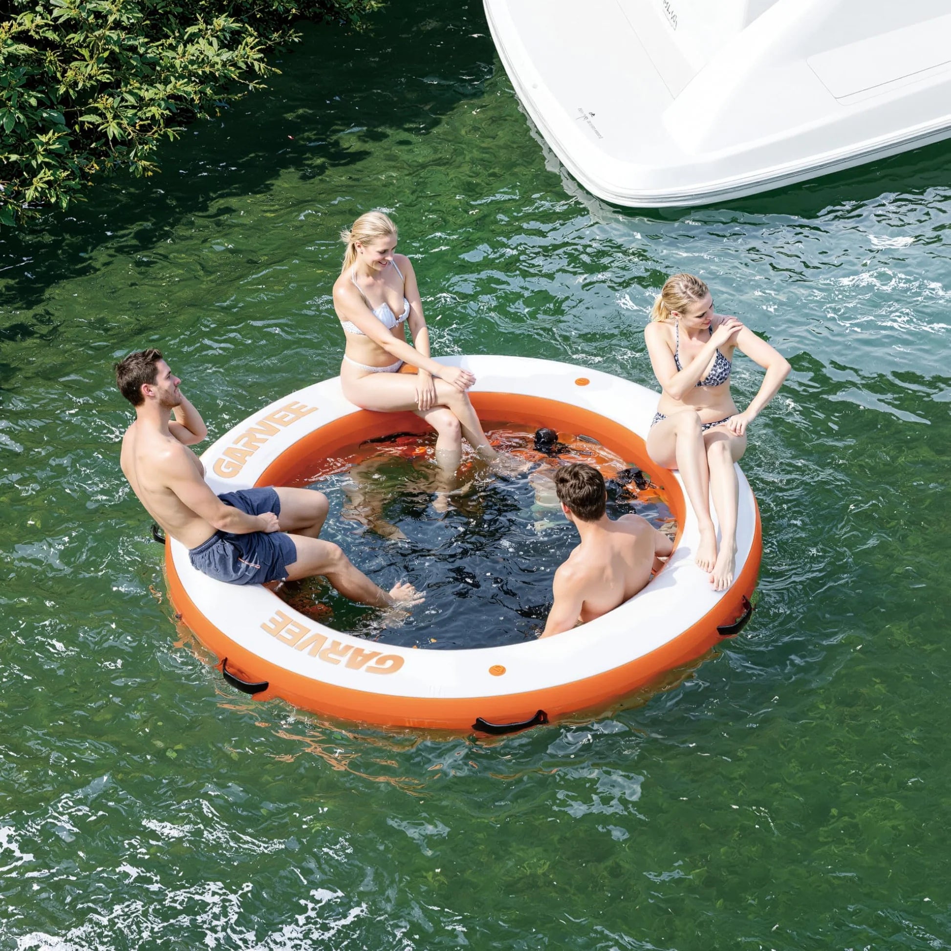 GARVEE Aufblasbare Badeinsel 2,4 m, Runde Schwimminsel mit 1,8 m Hängematte, Strapazierfähiges PVC, Für Pool, Strand & Meer, Orange