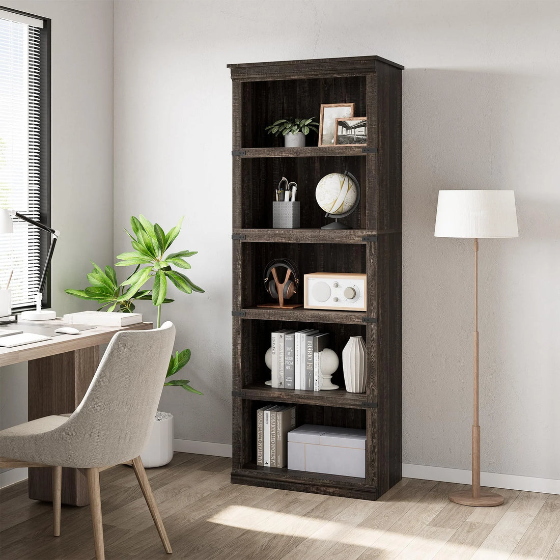 Garvee 5-stöckiges Bücherregal 62 x 32 x 171 cm, stabiles Standregal aus MDF im Kolonialstil, graues Holzregal mit Stauraum für Wohnzimmer, Büro & Arbeitszimmer, Eiche Dunkel