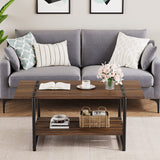 Garvee 2-Stufiger Farmhouse Couchtisch 41'' Grau Holz Mit Metallrahmen Für Wohnzimmer & Büro, Große Ablage, Robustes MDF, Moderner Industriestil - Dark Walnut