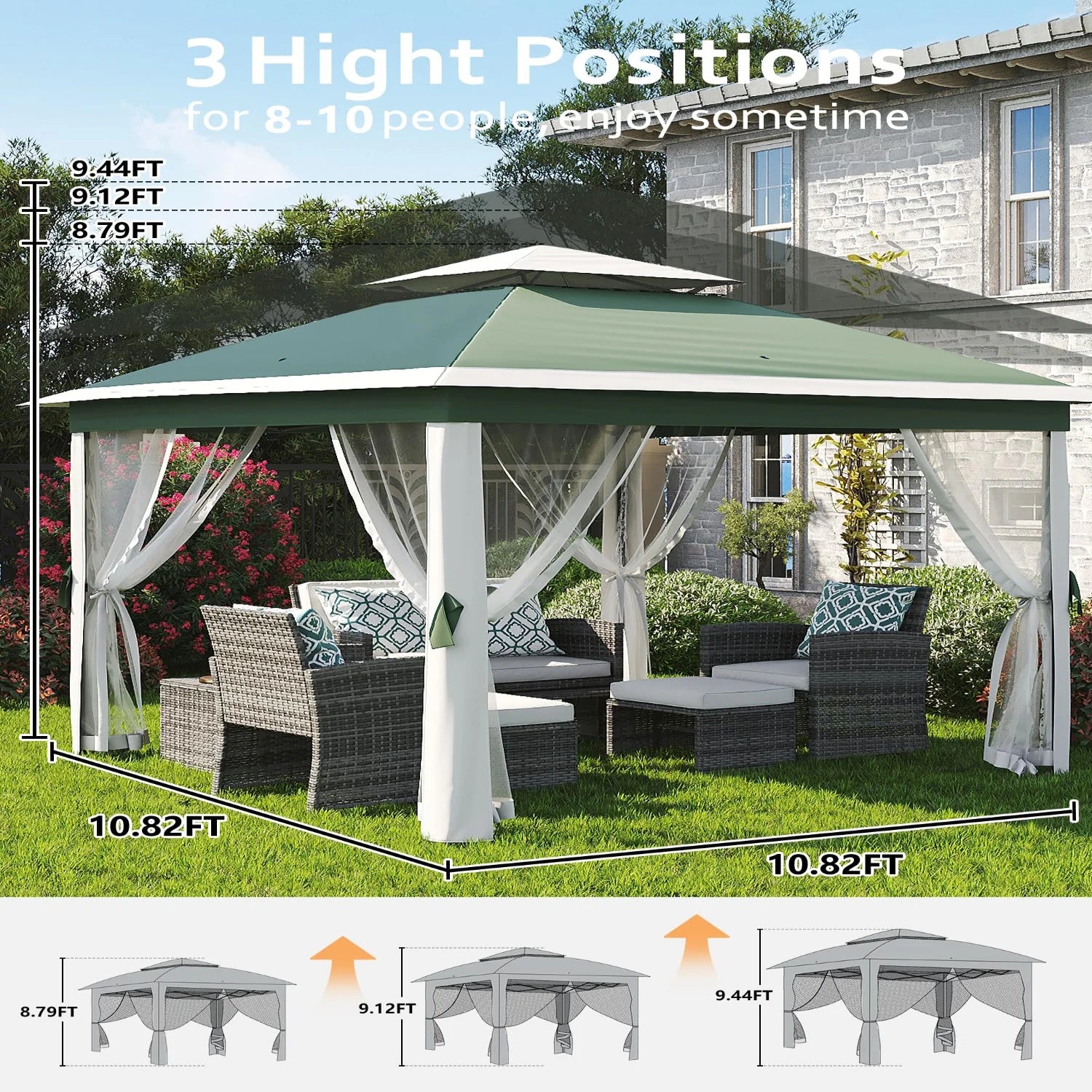 Garvee Pop Up Pavillon 335×335 cm, Mit Moskitonetz, Wasserdicht, UV-Schutz, Höhenverstellbar