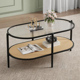 Garvee 2-Stufiger Rattan-Couchtisch Oval Mit Metallrahmen Gehärtetem Glas Schwarz Für Wohnzimmer Und Büro - Schwarz