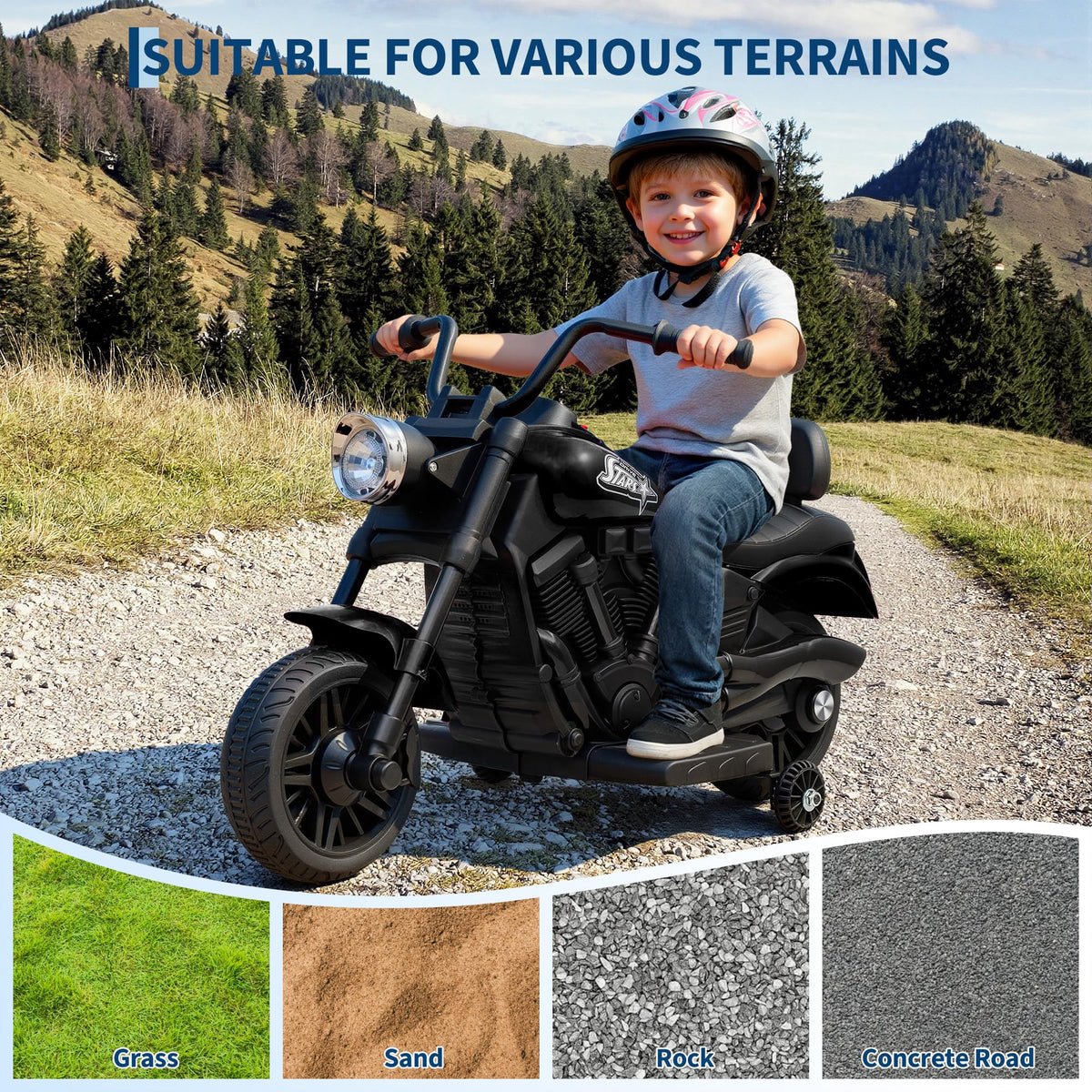 Kinder Elektro-Motorrad mit breiten Reifen und Federung