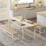 Garvee Essgruppe 5-teilig, ausziehbarer Esstisch 120–160 × 76,5 cm mit 2 Sitzbänken und 2 Hockern, platzsparendes Esstisch-Set aus MDF und Metall, für Küche und Esszimmer - Natur