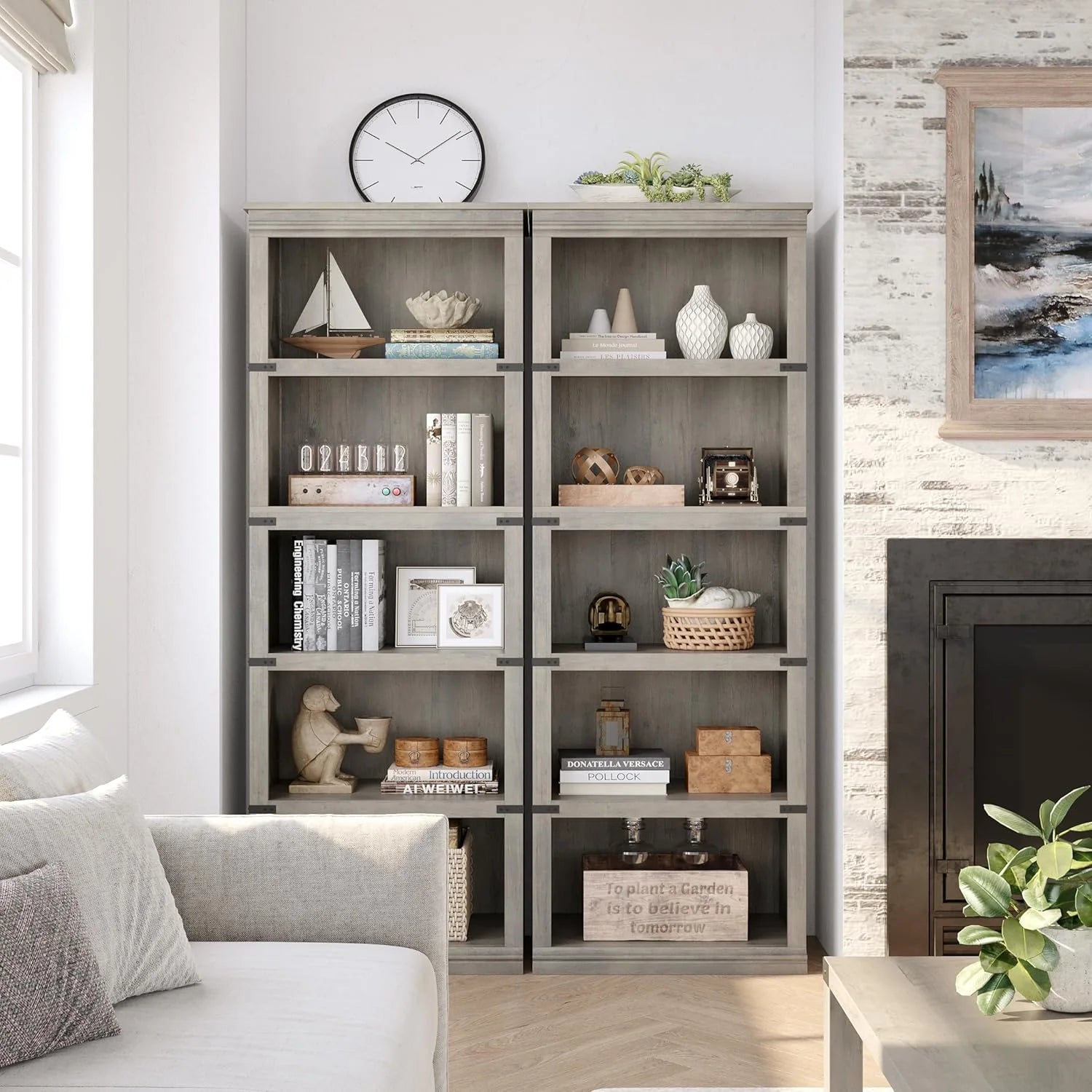 Garvee 5-stöckiges Bücherregal 62 x 32 x 171 cm, stabiles Standregal aus MDF im Kolonialstil, graues Holzregal mit Stauraum für Wohnzimmer, Büro & Arbeitszimmer, Grau