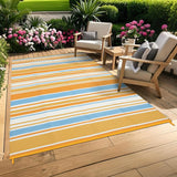 GARVEE Outdoor-Teppich 244 x 305 cm, Wendbarer Balkonteppich aus Kunststoffstroh, Geometrisches Streifenmuster für Terrasse, Balkon & Strand, Wetterfest, Mehrfarbig - Gelb-Blau gestreift